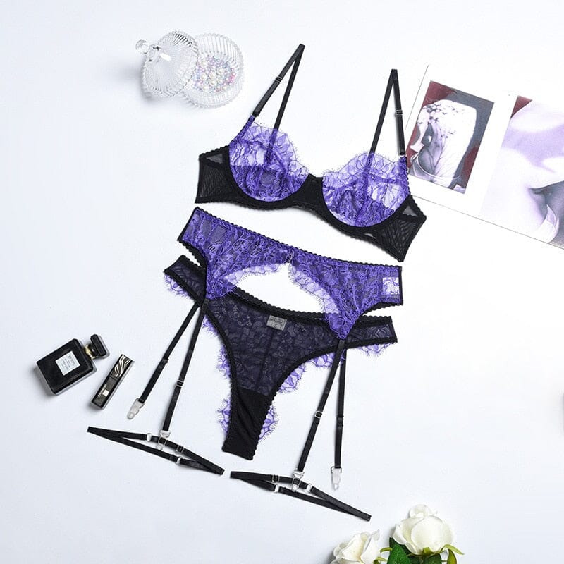 Lace Patchwork Transparent Bra 3-Piece Garters Lingerie Set Accessories BlissGown Purple S 