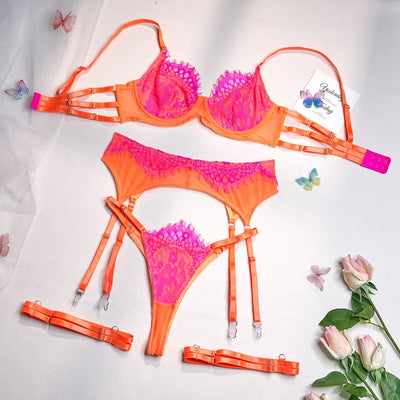 Lace Push-Up Delicate 3-Piece Underwire Lingerie Set Accessories BlissGown Orange S 