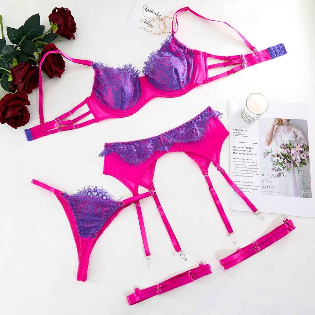 Lace Push-Up Delicate 3-Piece Underwire Lingerie Set Accessories BlissGown Pink S 