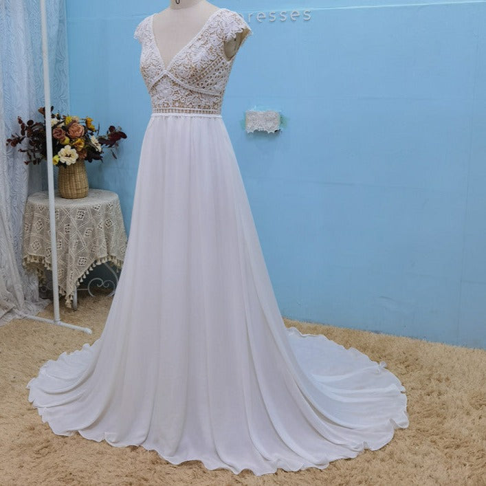 Lace Short Sleeve Chiffon Beach Illusory V-Neck Open Back Boho Bridal Gown Boho Wedding Dresses BlissGown 