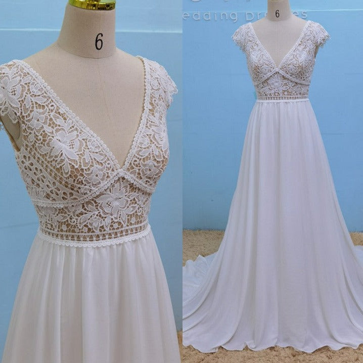 Lace Short Sleeve Chiffon Beach Illusory V-Neck Open Back Boho Bridal Gown Boho Wedding Dresses BlissGown 