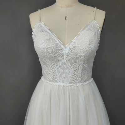 Lace Sleeveless Spaghetti Straps A-Line Backless V-Neck Wedding Dress Sexy Wedding Dresses BlissGown 