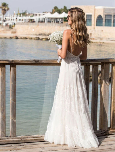 Lace Spaghetti Straps A-Line Openback Wedding Dress Sexy Wedding Dresses BlissGown 