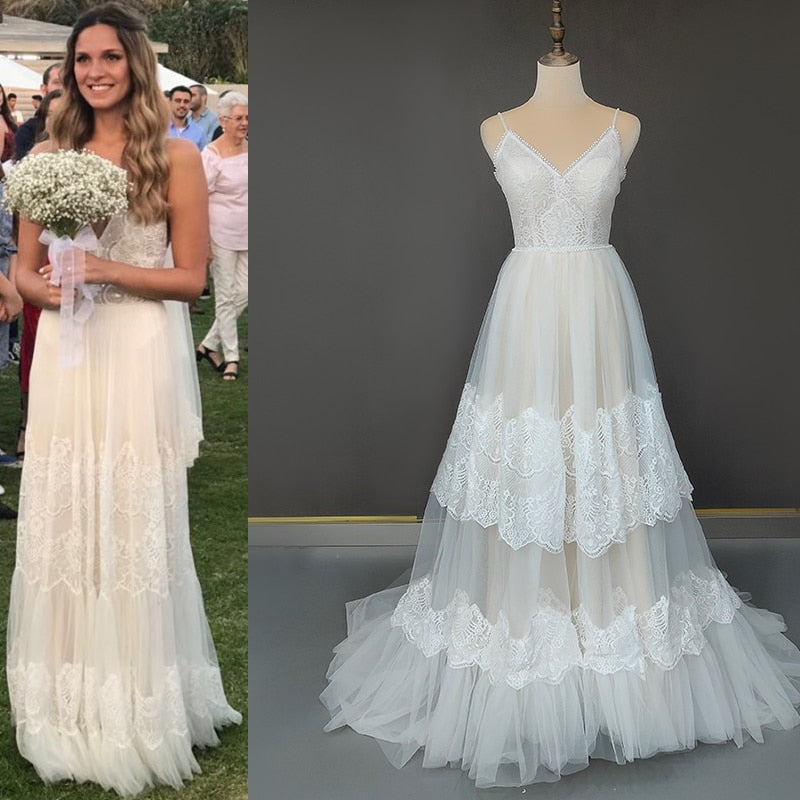 Lace Spaghetti Straps A-Line Openback Wedding Dress Sexy Wedding Dresses BlissGown Champagne Custom Size Sweep Train