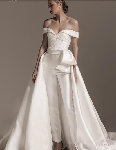Lace Stain Jumpsuit with Detachable Train Off Shoulder Wedding Gown Vintage Wedding Dresses BlissGown 
