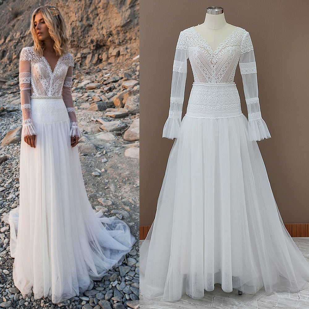 Lace Tulle V Neck Pearls Beach Transparent Back Bridal Gown Beach Wedding Dresses BlissGown 