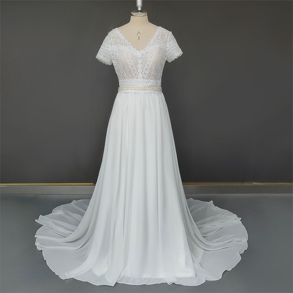 Lace Tulle V Neck Pearls Beach Transparent Back Bridal Gown Beach Wedding Dresses BlissGown Chiffon Skirt 2 China
