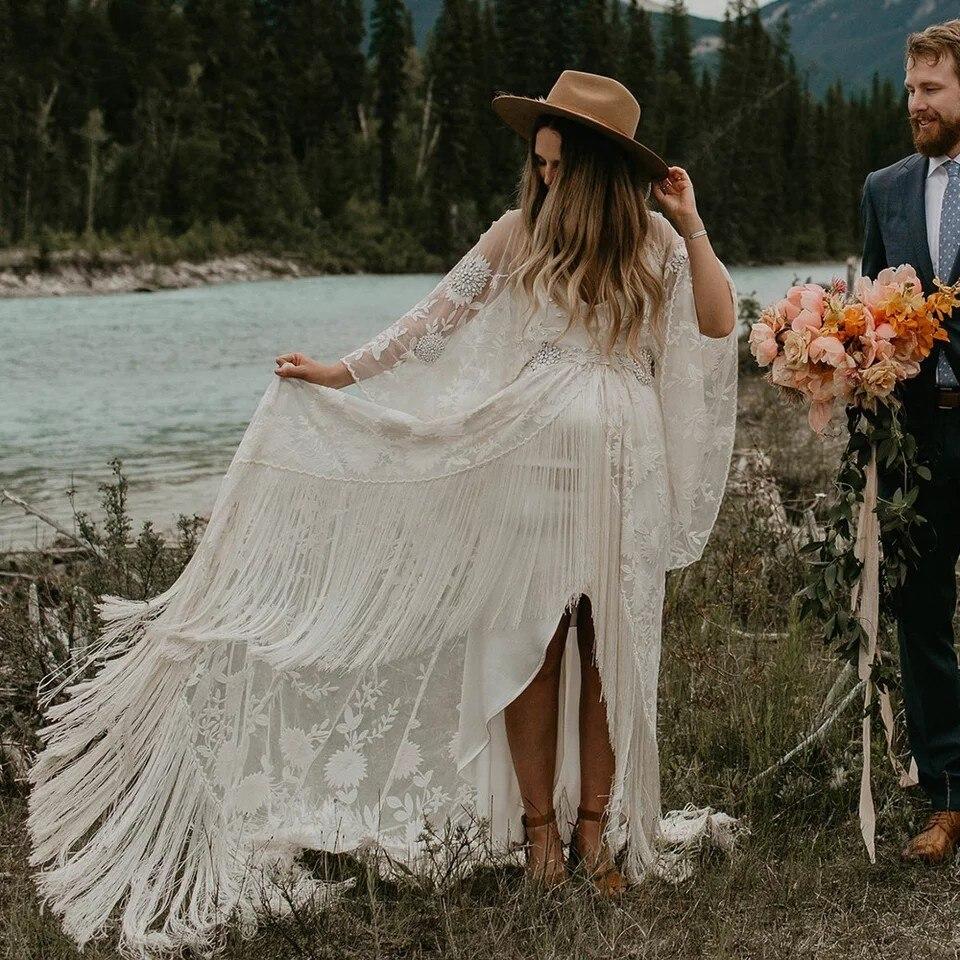 Lace Wrapped Two Piece Tassel Bohemian Wedding Dress – BlissGown