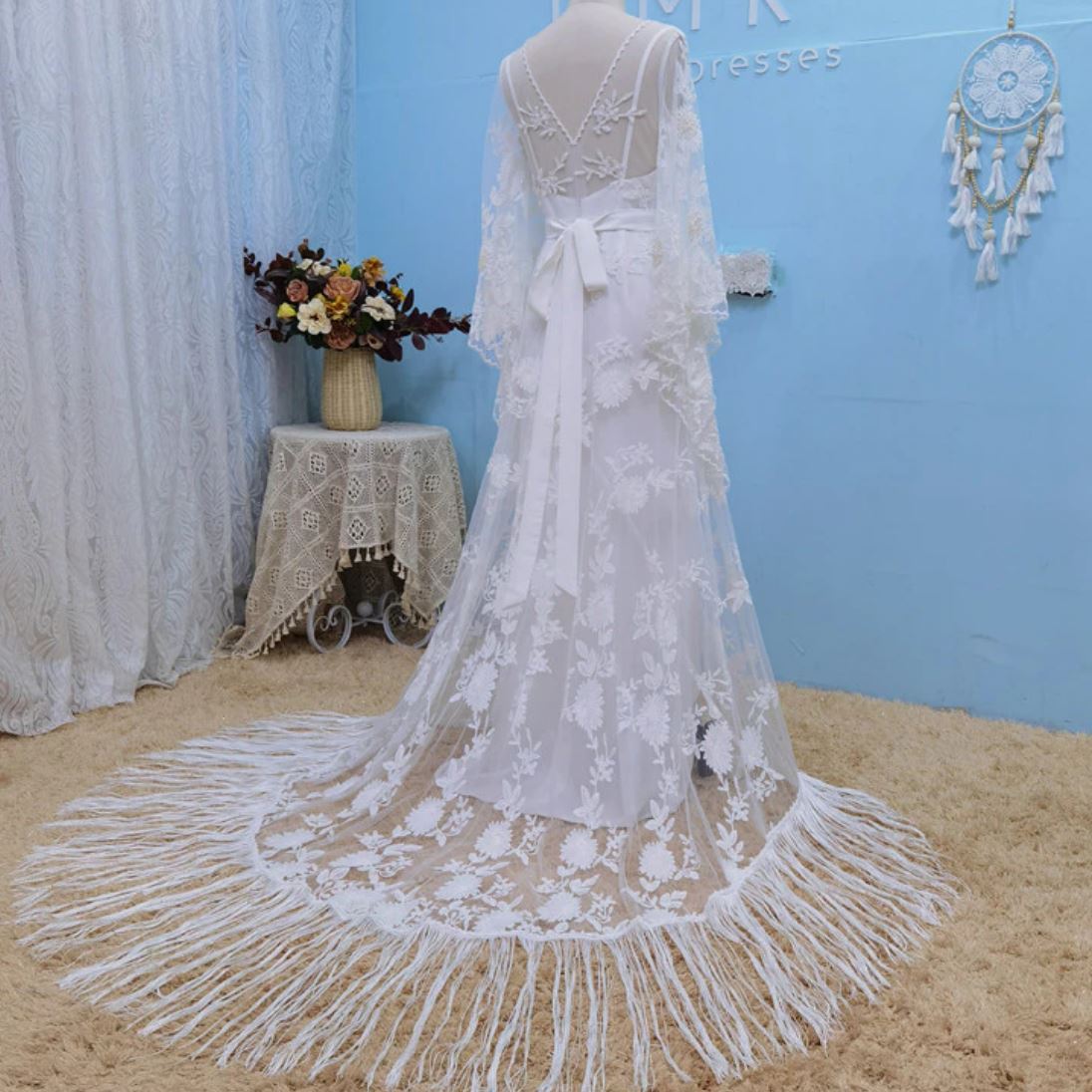 Lace Wrapped Two Piece Tassel Bohemian Wedding Dress