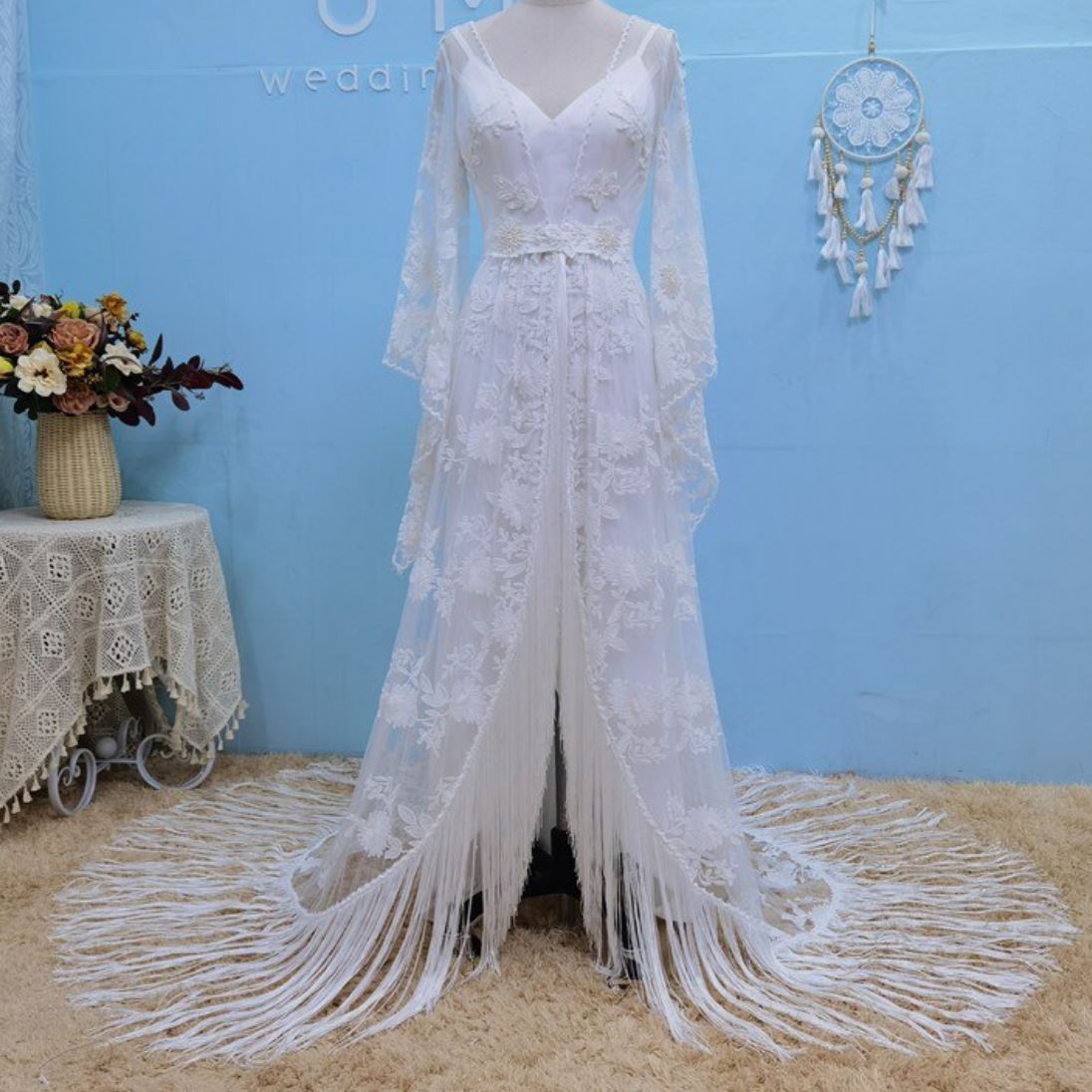 Lace Wrapped Two Piece Tassel Batwing Sleeve Bohemia Wedding Dress Boho Wedding Dresses BlissGown 