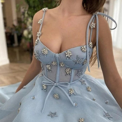 Light Blue Tulle A Line Sweetheart Prom Dress Sexy Prom Dresses BlissGown 