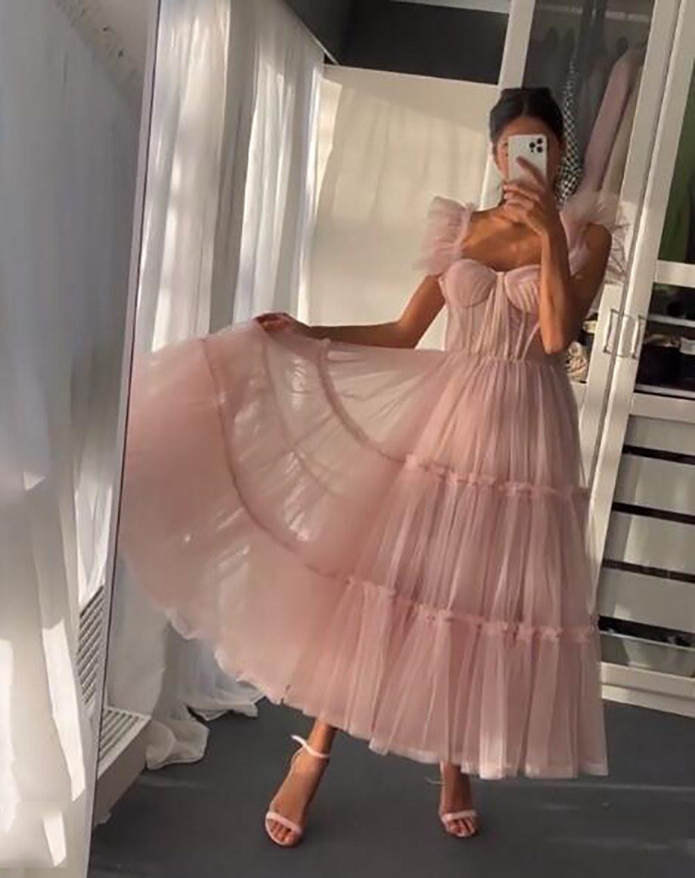 Light Pink Tiered Tulle Tea-Length Evening Party Dress Evening & Formal Dresses BlissGown 