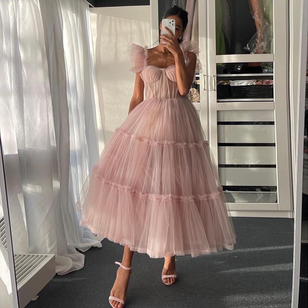 Light Pink Tiered Tulle Tea-Length Evening Party Dress Evening & Formal Dresses BlissGown 