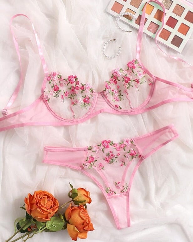 Lingerie Floral Embroidery Transparent Lace Set Accessories BlissGown Light Pink S 