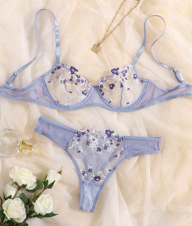 Lingerie Floral Embroidery Transparent Lace Set Accessories BlissGown Light Purple S 