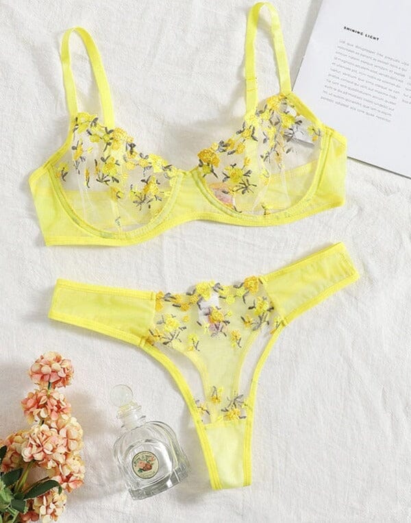 Lingerie Floral Embroidery Transparent Lace Set Accessories BlissGown Yellow S 