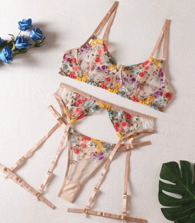 Lingerie Sensual Lace Underwear Transparent Embroidery 3-Piece Garters Accessories BlissGown Khaki S 