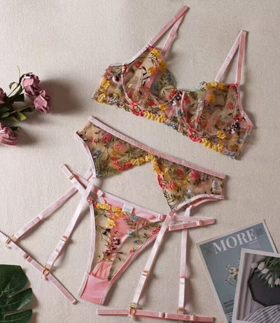 Lingerie Sensual Lace Underwear Transparent Embroidery 3-Piece Garters Accessories BlissGown Light Pink S 