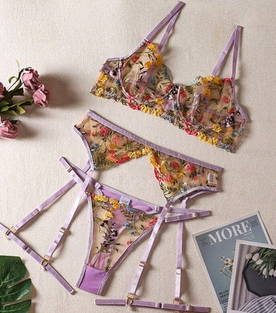 Lingerie Sensual Lace Underwear Transparent Embroidery 3-Piece Garters Accessories BlissGown Purple S 