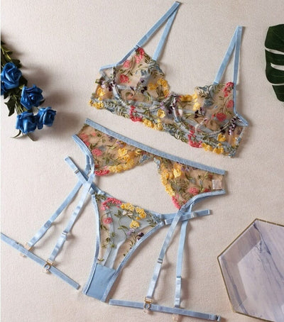 Lingerie Sensual Lace Underwear Transparent Embroidery 3-Piece Garters Accessories BlissGown Sky Blue S 