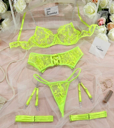 Lingerie Set 4-Pieces Hot Thong Lace Erotic Outfit Accessories BlissGown Neon Green S 