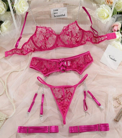Lingerie Set 4-Pieces Hot Thong Lace Erotic Outfit Accessories BlissGown Pink S 