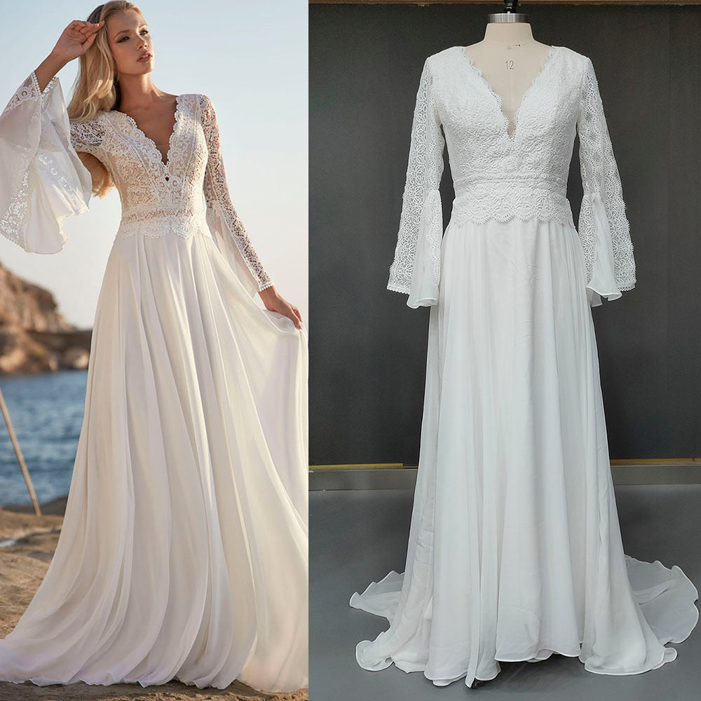 Long Bat Sleeves A-Line V-Neck Backless Elopement Bridal Gown Beach Wedding Dresses BlissGown 
