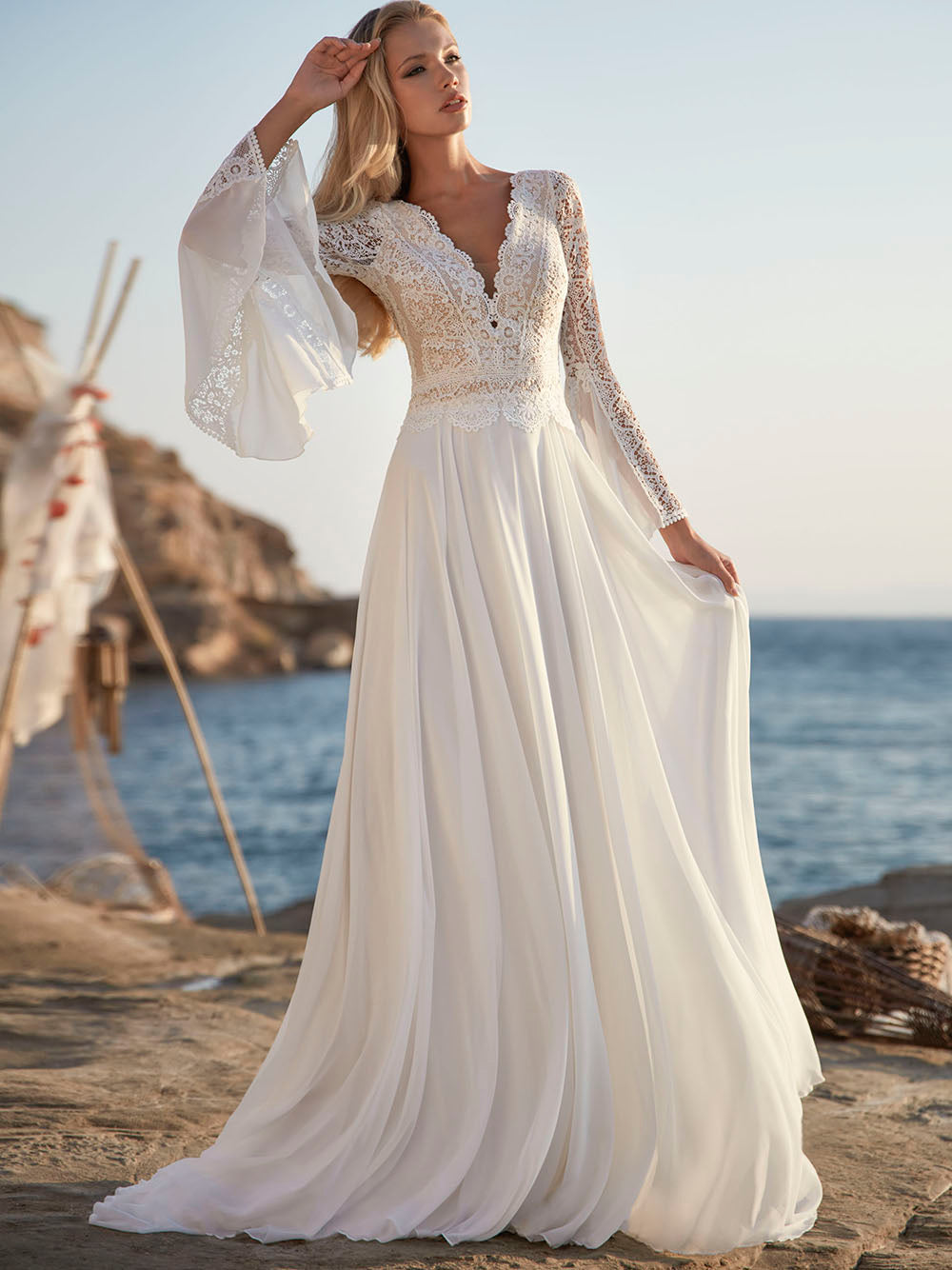Long Bat Sleeves A-Line V-Neck Backless Elopement Bridal Gown Beach Wedding Dresses BlissGown Champagne Lining 2 