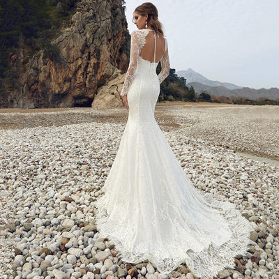 Long Fitted Sleeves Lace Backless Mermaid Ivory Romantic Bridal Gown Romantic Wedding Dresses BlissGown 