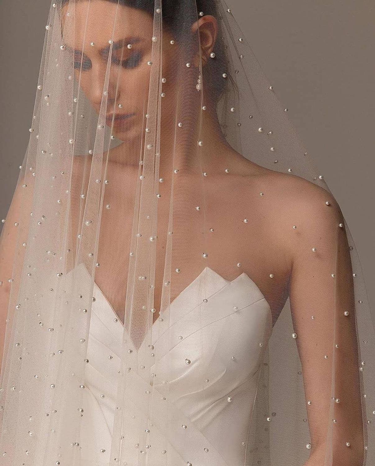 Long Pearl Cathedral Wedding Veil with Comb BlissGown 