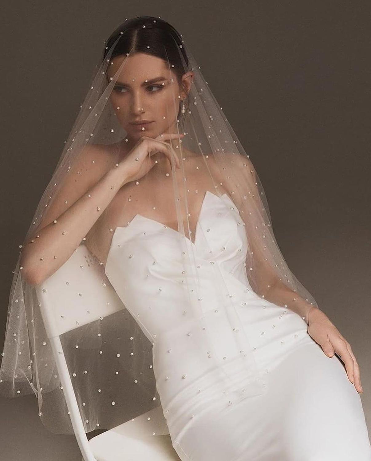 Long Pearl Cathedral Wedding Veil with Comb BlissGown 