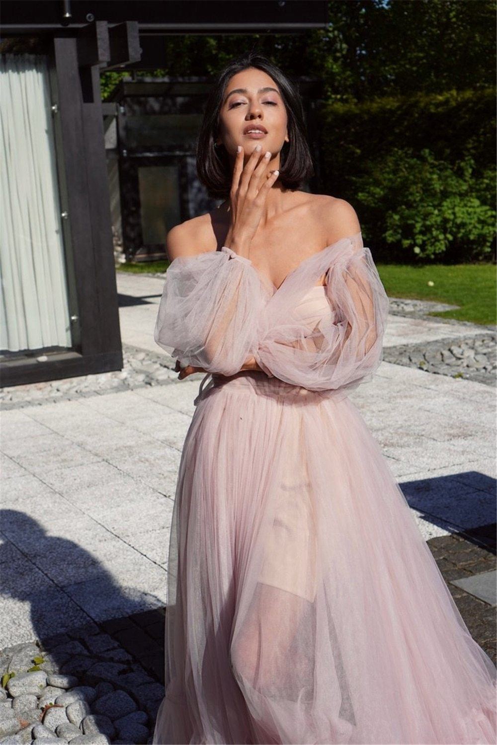 Long Puffy Sleeves Tulle Pleats Off Shoulder Evening Dress Evening & Formal Dresses BlissGown 