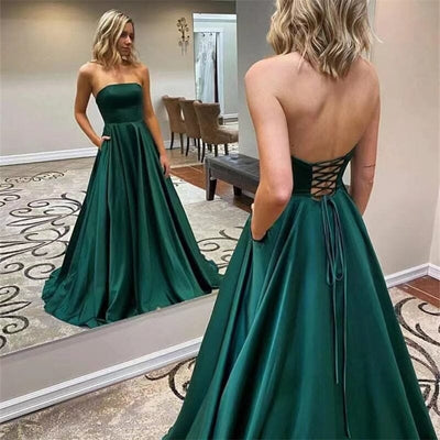 Long Satin Green with Pockets Strapless Prom Dress Off Shoulder Prom Dresses BlissGown 