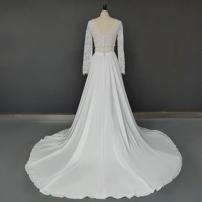 Long Sleeve Boho Lace Open Back Boat Neck Chiffon Beach Wedding Dress Classic Wedding Dresses BlissGown 