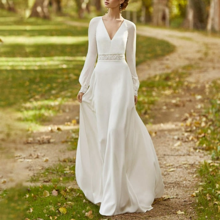 Long Sleeve Chiffon Beach Open Back Elegant Bridal Dress Beach Wedding Dresses BlissGown Off White 2 