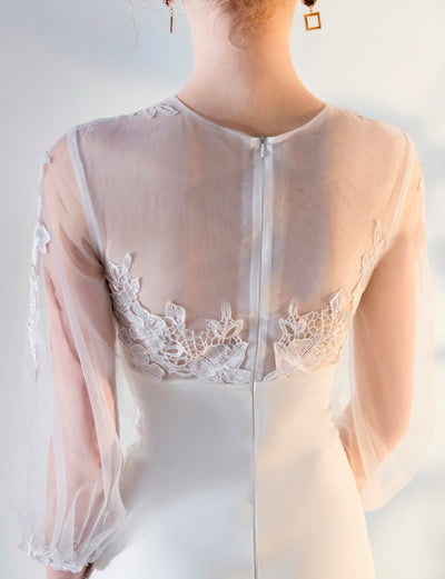 Long Sleeve Lace Applique Sheath Sheer Back Slit Wedding Dress Vintage Wedding Dresses BlissGown 
