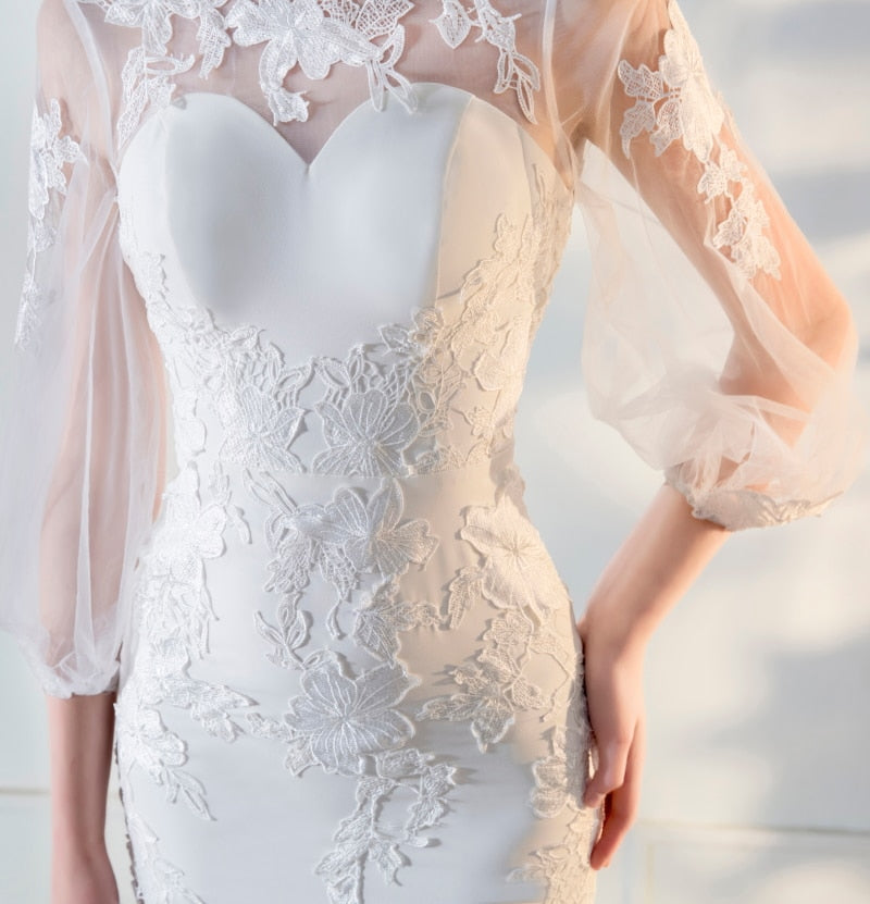 Long Sleeve Lace Applique Sheath Sheer Back Slit Wedding Dress Vintage Wedding Dresses BlissGown 