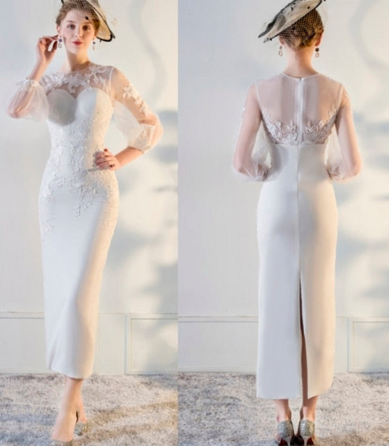 Long Sleeve Lace Applique Sheath Sheer Back Slit Wedding Dress Vintage Wedding Dresses BlissGown as picture 2 