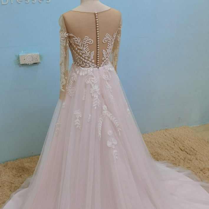 Long Sleeve O-Neck Boho Pink Vintage Lace Wedding Dress Vintage Wedding Dresses BlissGown 