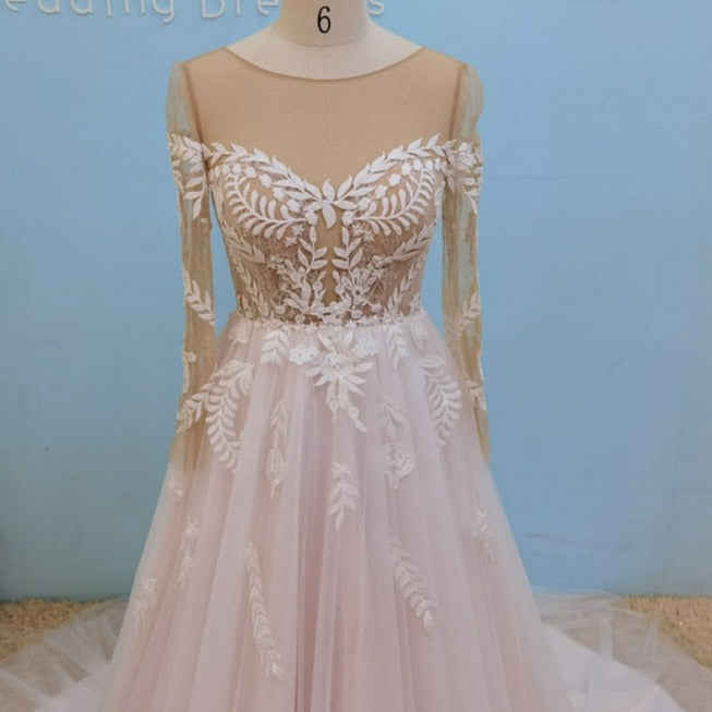 Long Sleeve O-Neck Boho Pink Vintage Lace Wedding Dress Vintage Wedding Dresses BlissGown 