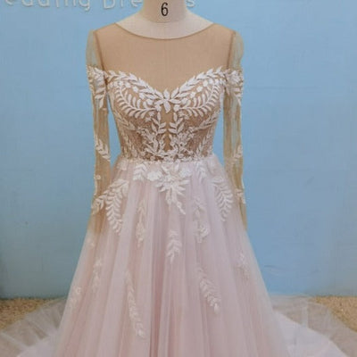 Long Sleeve O-Neck Boho Pink Vintage Lace Wedding Dress Vintage Wedding Dresses BlissGown Ivory and Pink 16 