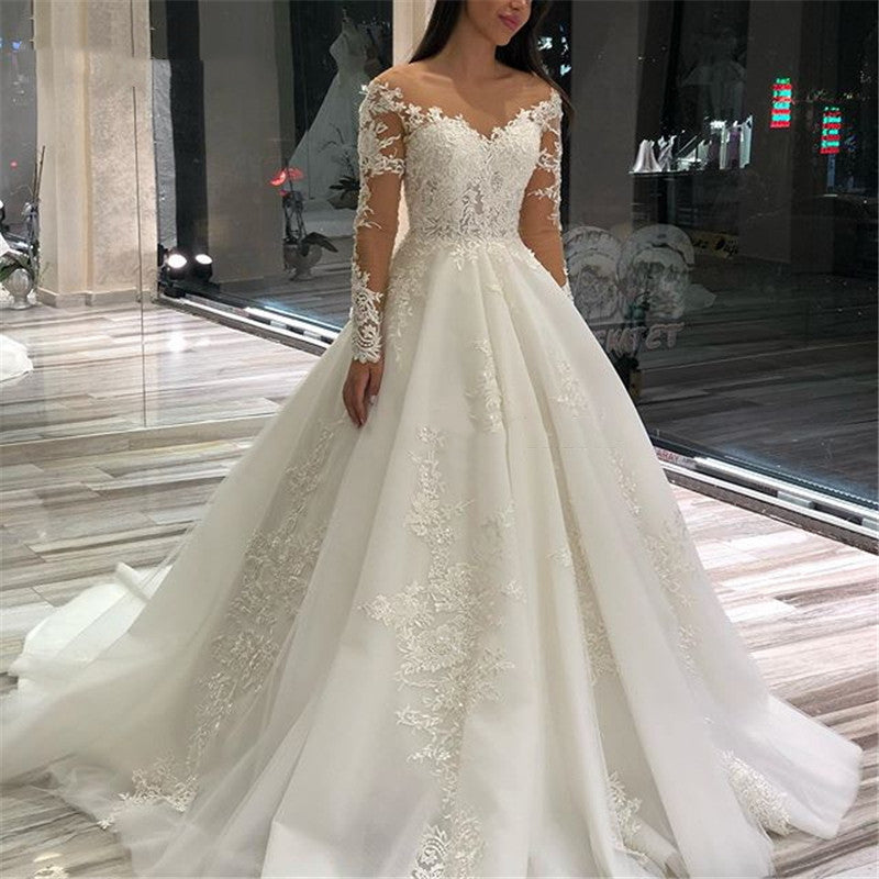Long Sleeve O-Neck Tulle Lace Wedding Dress Classic Wedding Dresses BlissGown 