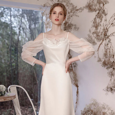 Long Sleeve Satin Sheath Backless Plain Wedding Dress Romantic Wedding Dresses BlissGown 
