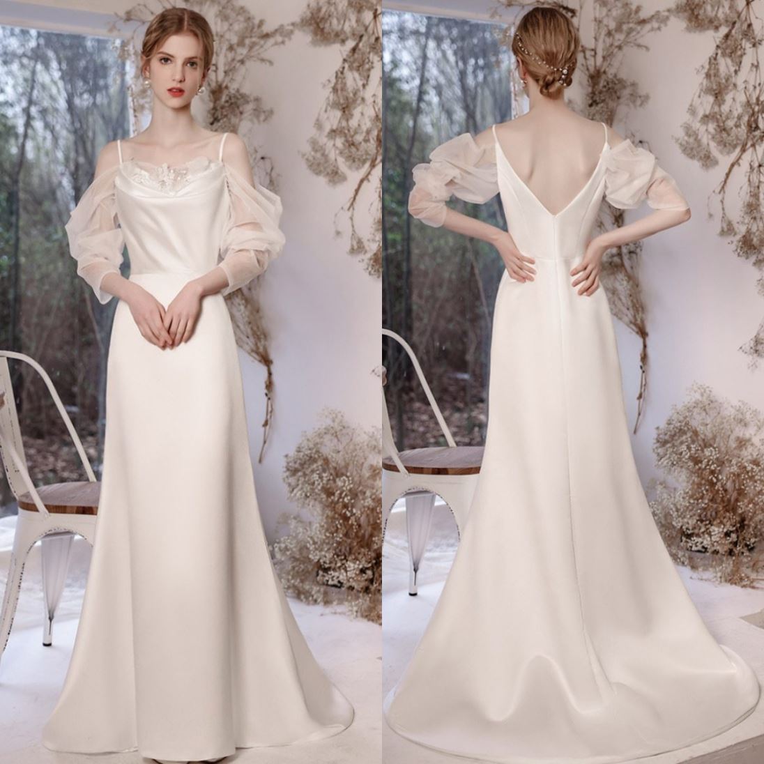 Long Sleeve Satin Sheath Backless Plain Wedding Dress Romantic Wedding Dresses BlissGown 
