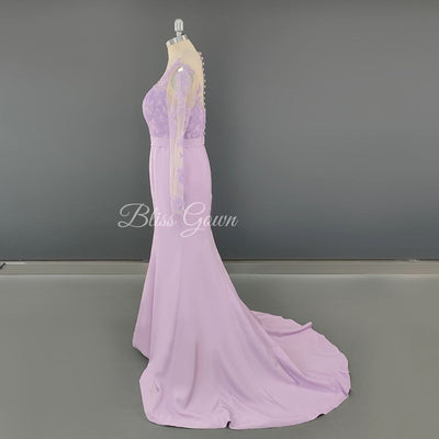 Long Sleeve Simple Appliques Lace Satin Wedding Dress Classic Wedding Dresses BlissGown 