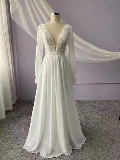 Long Sleeve Simple Beach Chiffon Deep V-neck Wedding Dress Beach Wedding Dresses BlissGown floor length 18W 