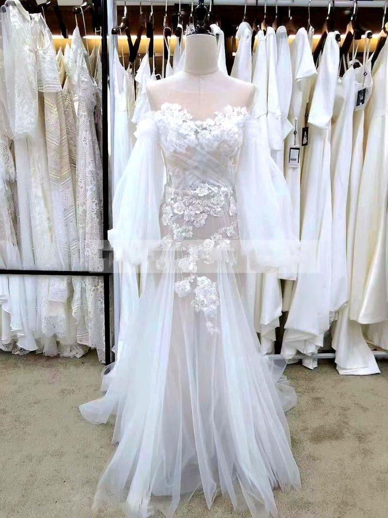 Long Sleeve Sweetheart Off Shoulder Lace Bride Wedding Dress Romantic Wedding Dresses BlissGown 