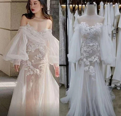 Long Sleeve Sweetheart Off Shoulder Lace Bride Wedding Dress Romantic Wedding Dresses BlissGown Champagne 2 