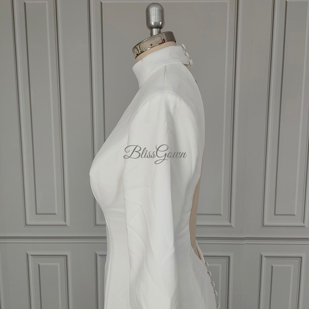 Long Sleeves Backless Sweep Train Soft Satin Mermaid Wedding Dress Classic Wedding Dresses BlissGown 