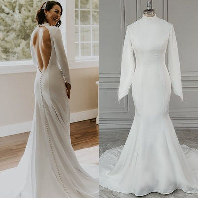 Long Sleeves Backless Sweep Train Soft Satin Mermaid Wedding Dress Classic Wedding Dresses BlissGown As Picture 2 